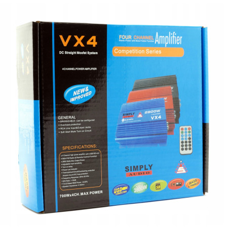 Simply Audio VX4 wzmacniacz samochodowy 4 kanały USB SD Bluetooth + Pilot